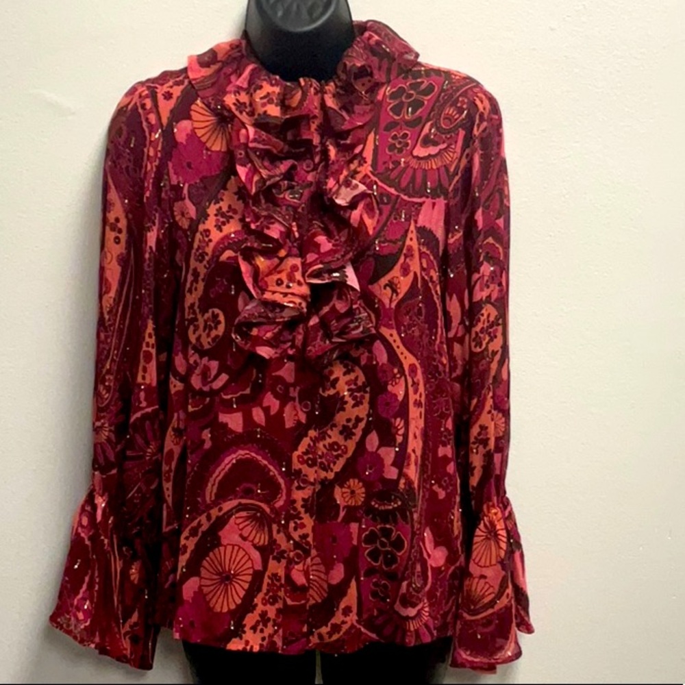 Figue Women's Leena Metallic Paisley Ruffle Bib-Front Top
